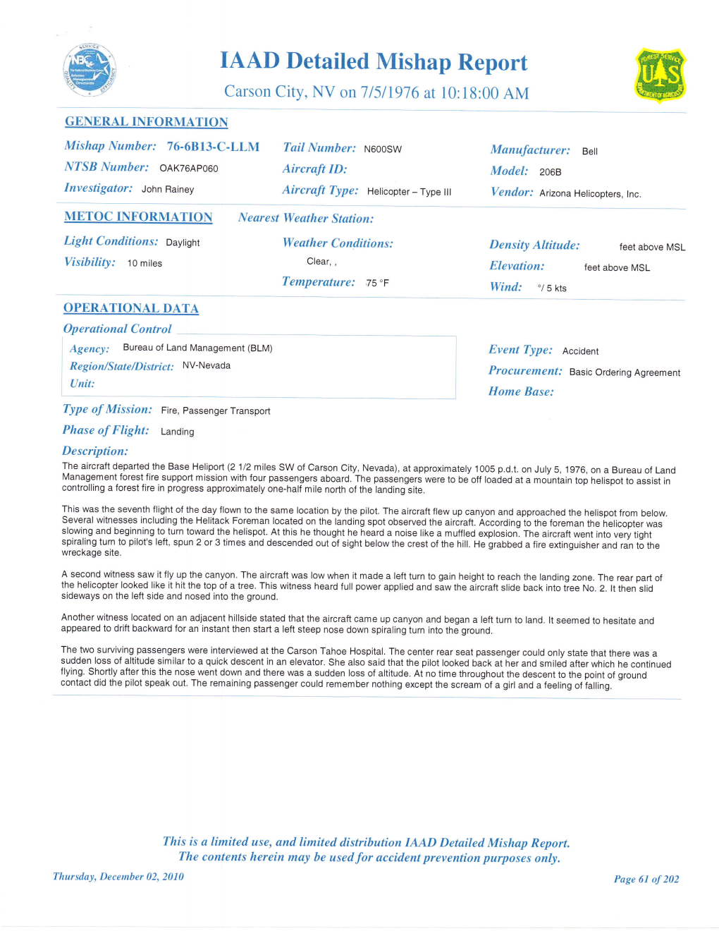 IAAD Detailed Mishap Report Carson City, NV on 71511916 at 10:18:00 AM