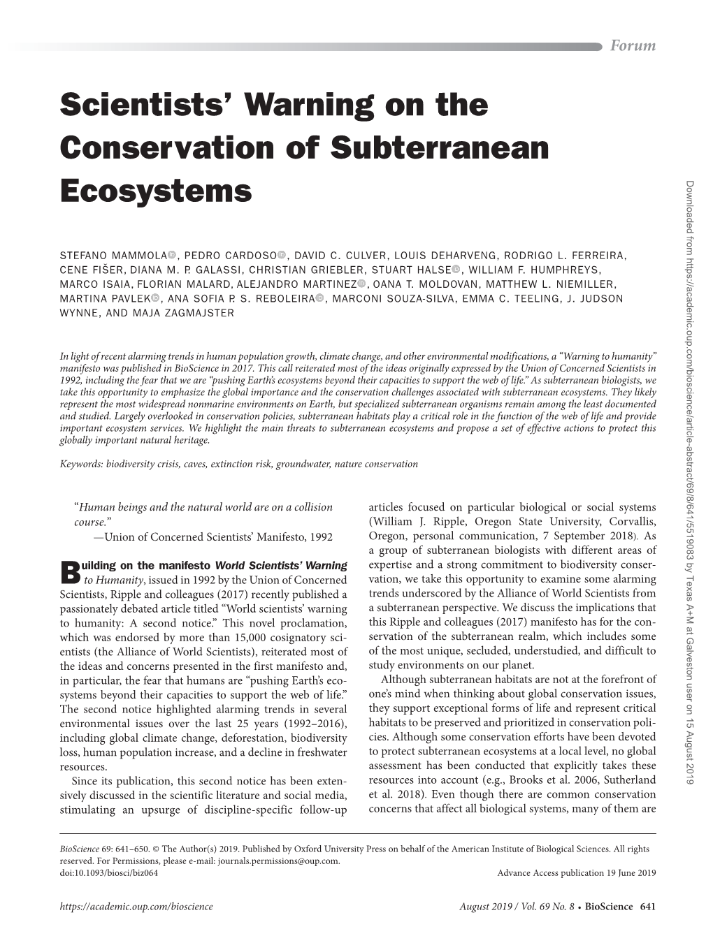 Scientists' Warning on the Conservation of Subterranean