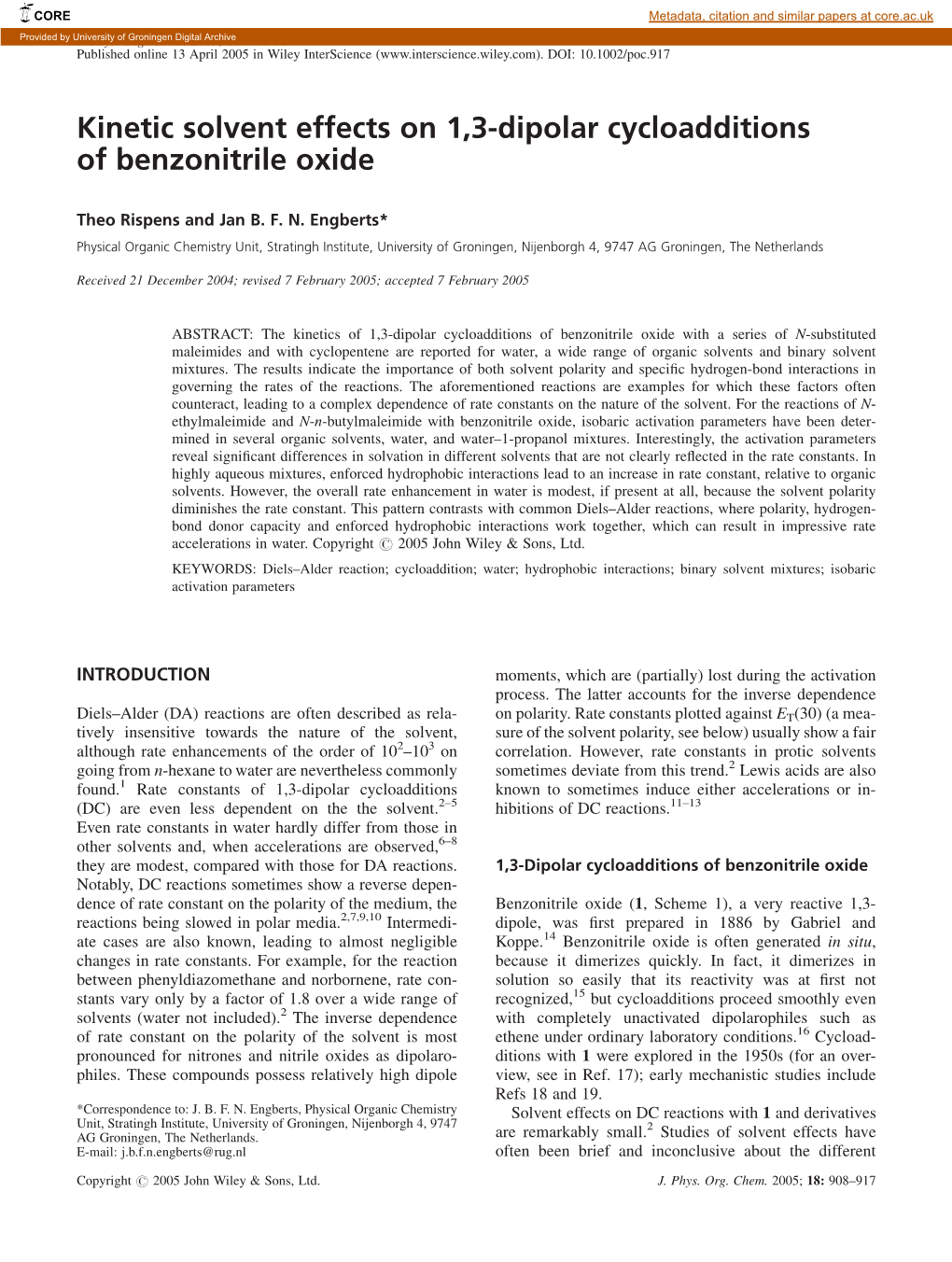 Kinetic Solvent Effects on 1,3-Dipolar Cycloadditions of Benzonitrile Oxide