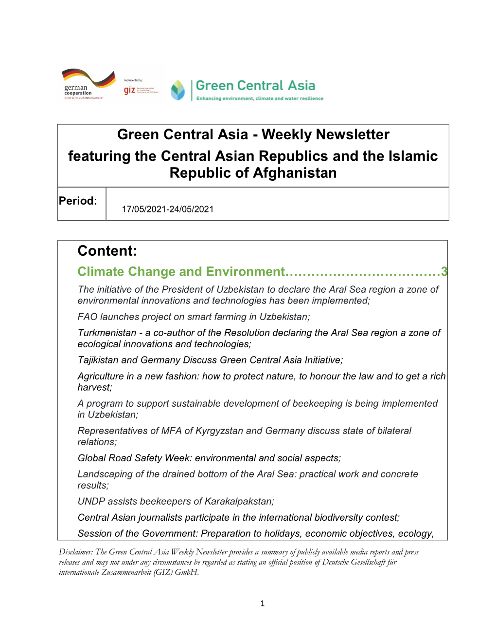 Weekly Newsletter Featuring the Central Asian Republics and the Islamic Republic of Afghanistan