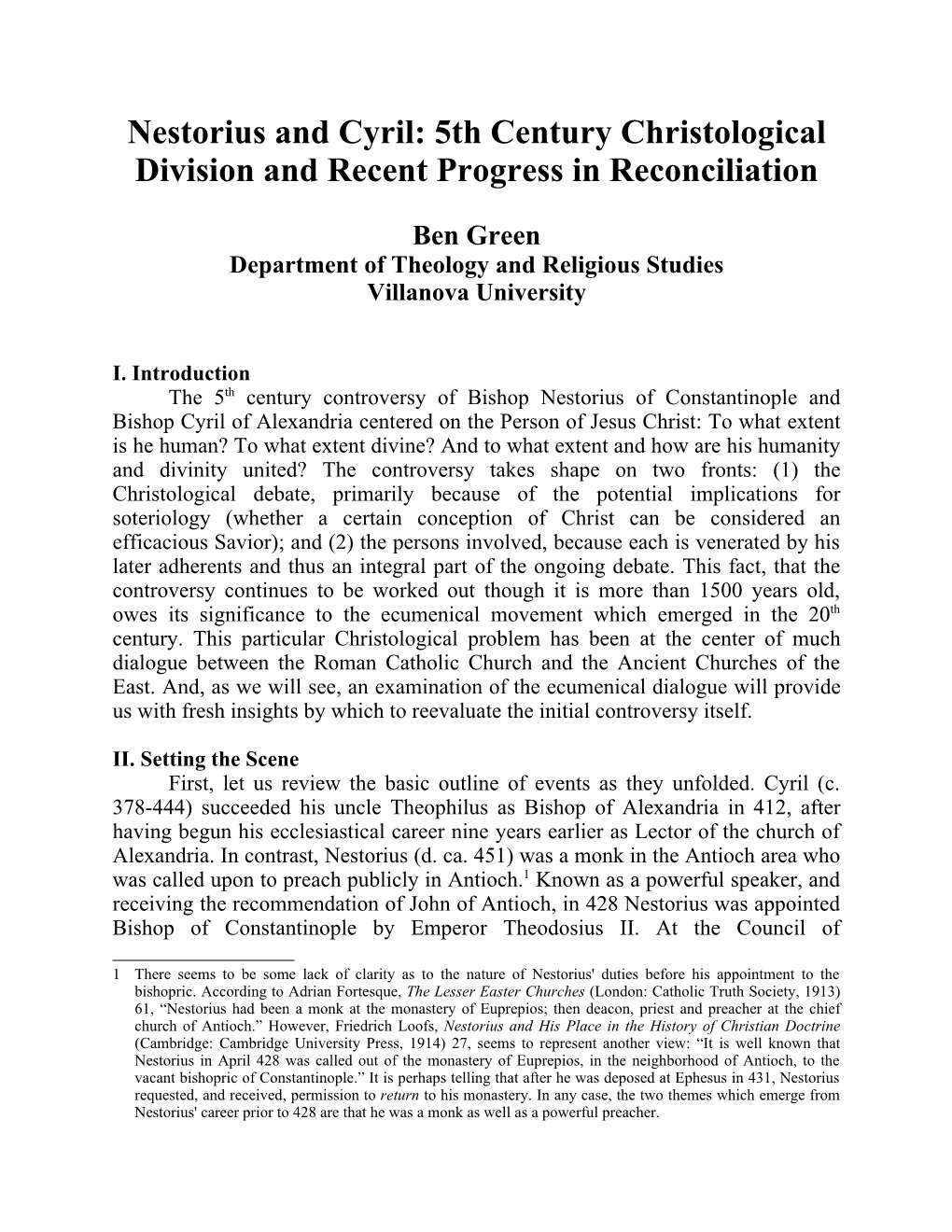 Nestorius and Cyril: 5Th Century Christological Division and Recent Progress in Reconciliation