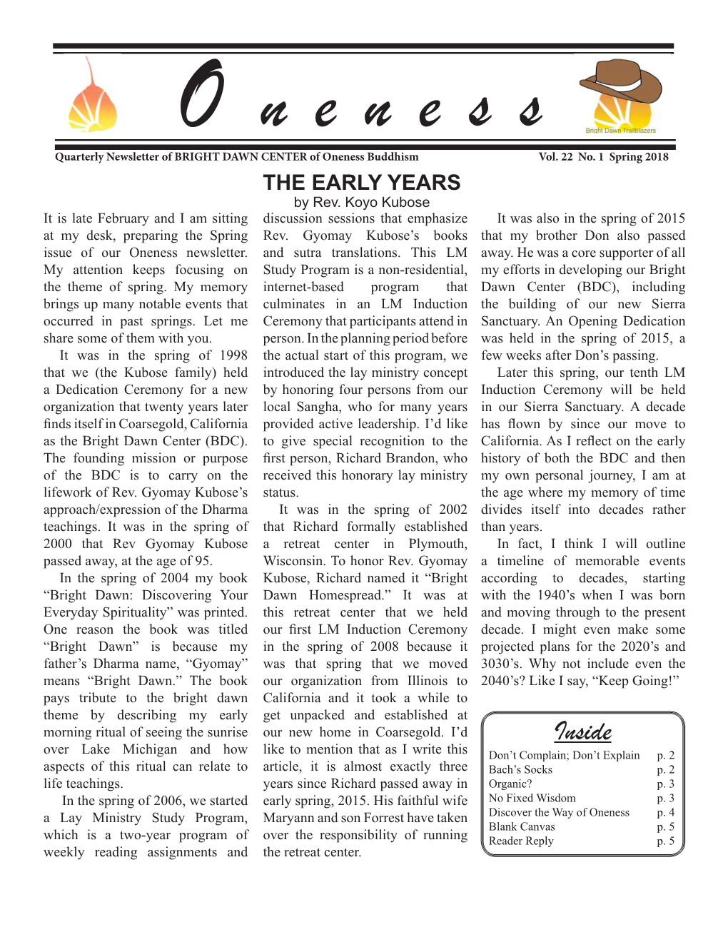 O Neness Quarterly Newsletter of BRIGHT DAWN CENTER of Oneness Buddhism Vol