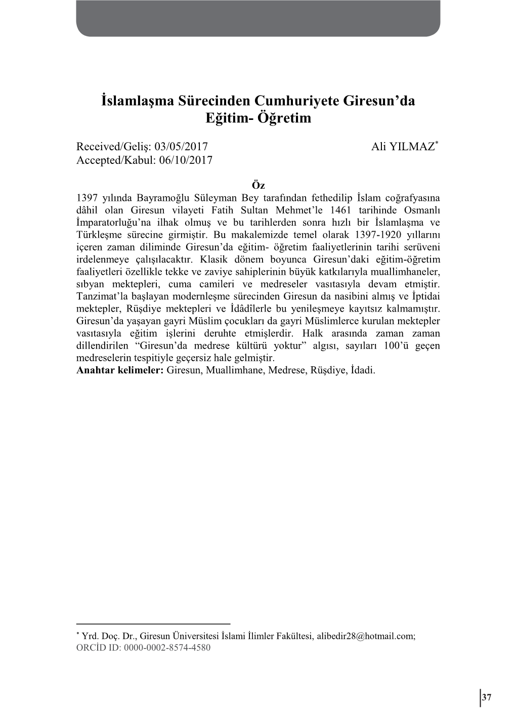 İslamlaşma Sürecinden Cumhuriyete Giresun'da Eğitim- Öğretim