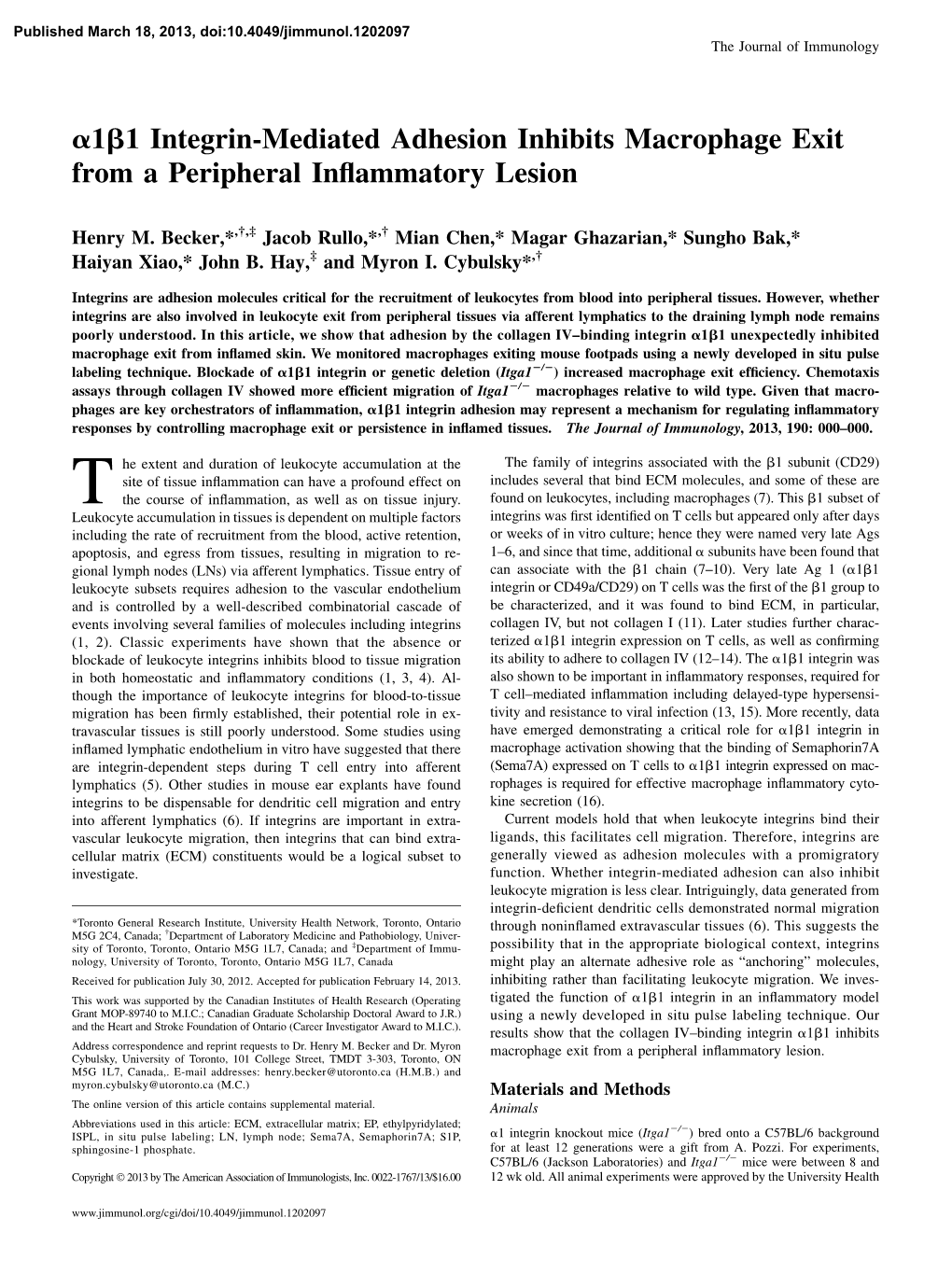 Inflammatory Lesion Macrophage Exit from a Peripheral 1 Integrin