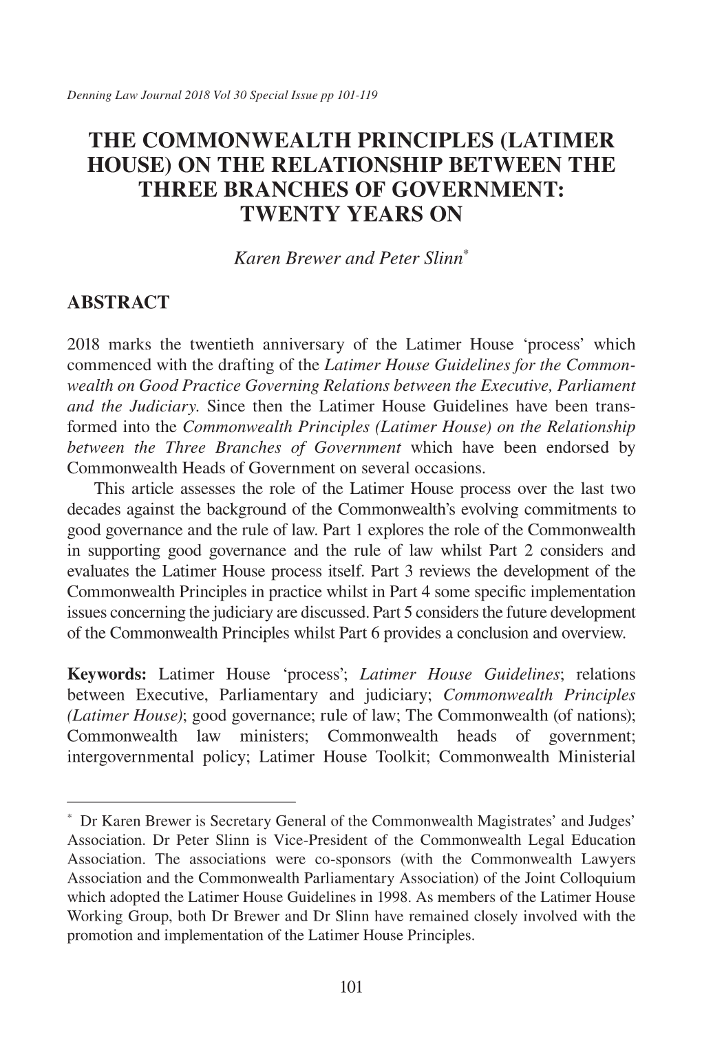 The Commonwealth Principles (Latimer House) on the Relationship Between the Three Branches of Government: Twenty Years On