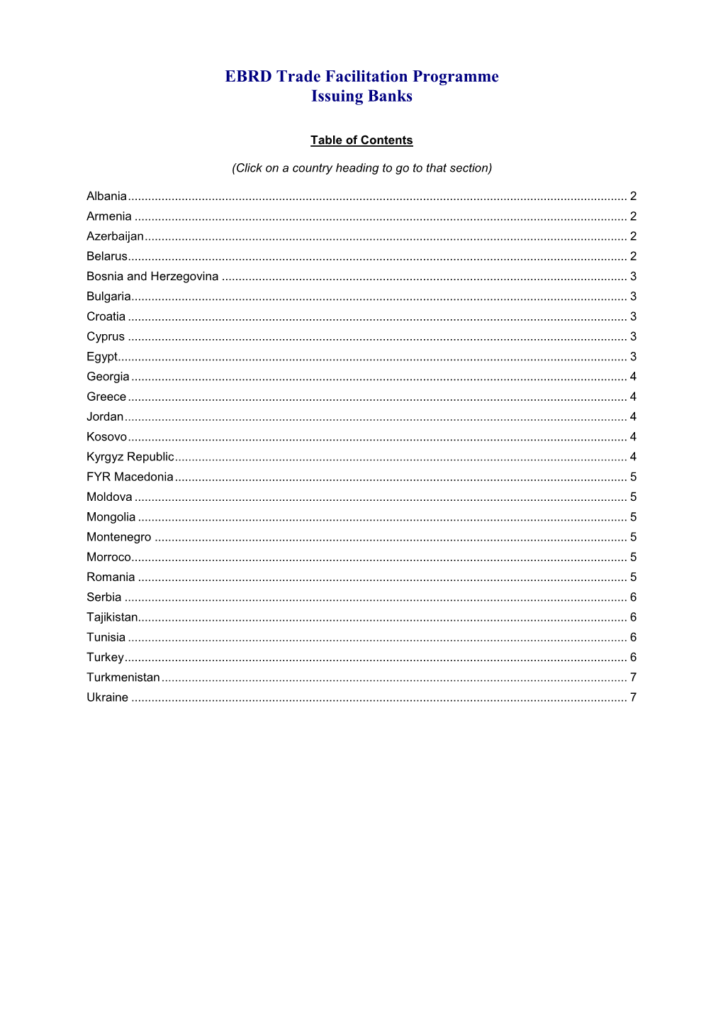 EBRD Trade Facilitation Programme Issuing Banks