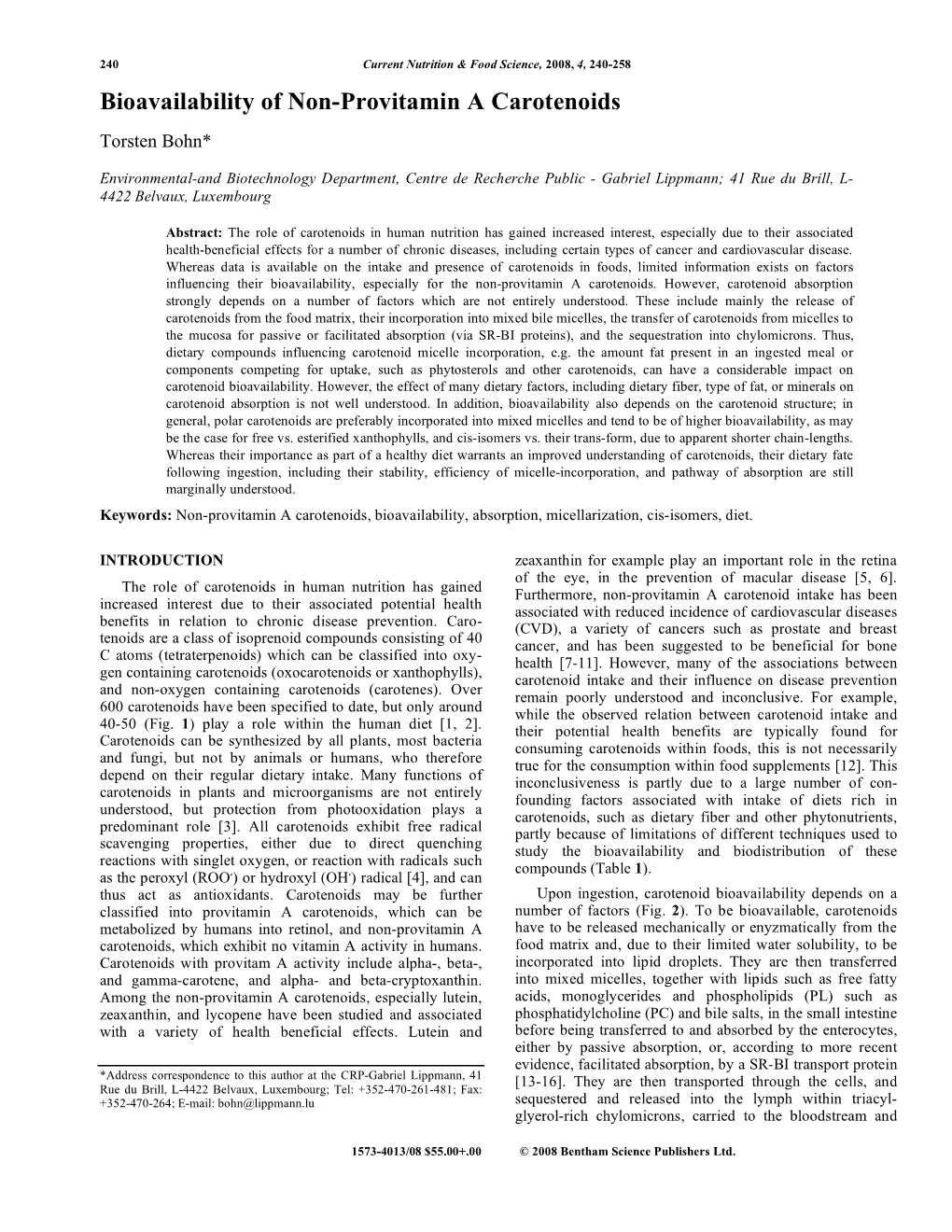 Bioavailability of Non-Provitamin a Carotenoids Torsten Bohn*