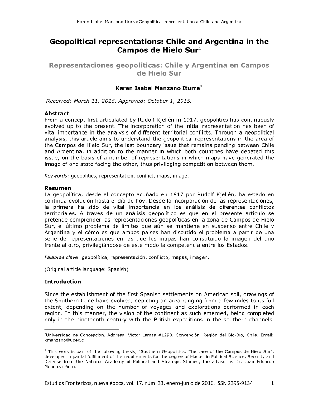 Geopolitical Representations: Chile and Argentina in the Campos De Hielo Sur1