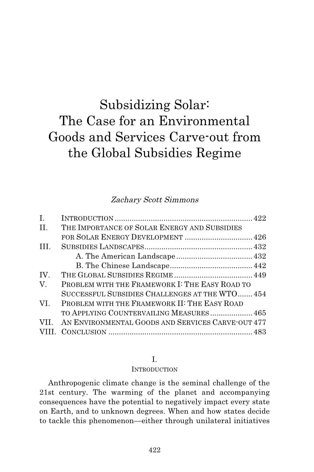 Subsidizing Solar: the Case for an Environmental Goods and Services Carve-Out from the Global Subsidies Regime