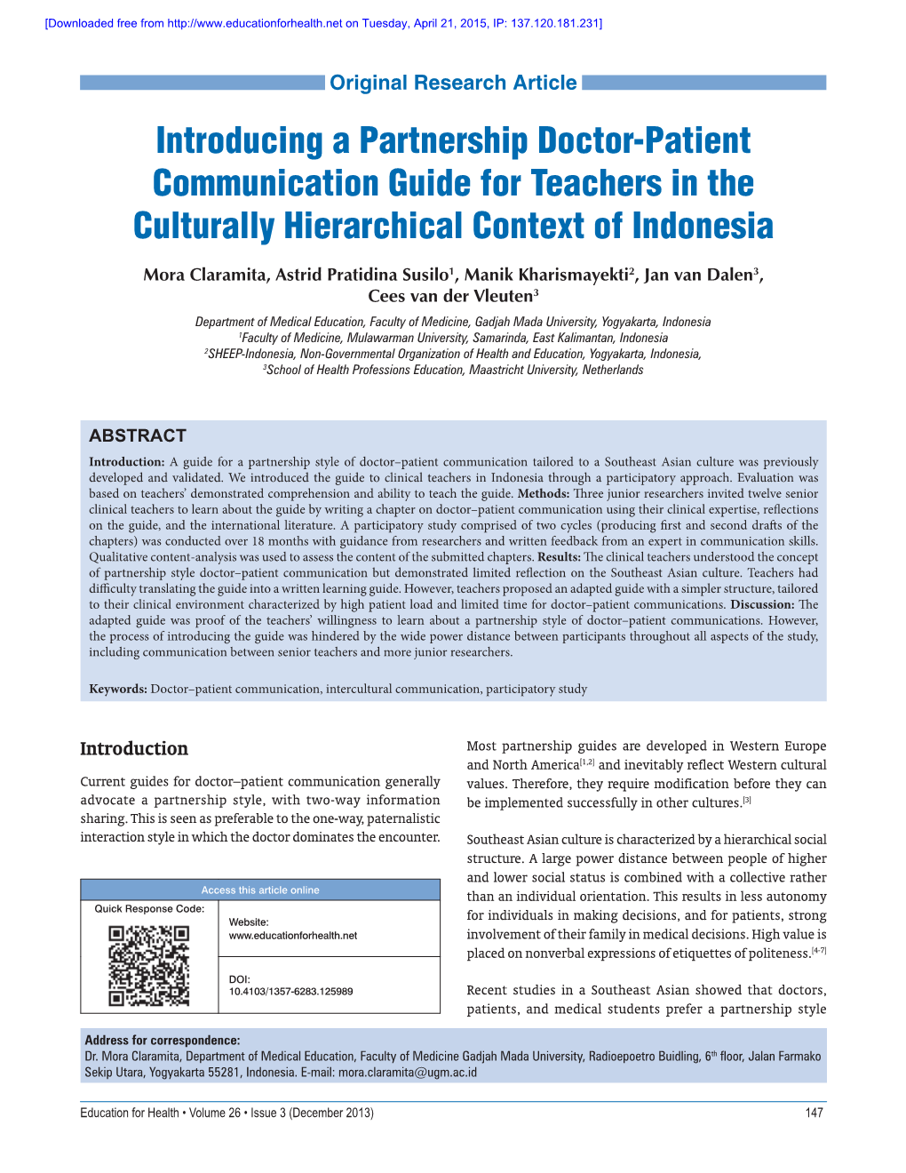 Introducing a Partnership Doctor-Patient Communication Guide for Teachers in the Culturally Hierarchical Context of Indonesia