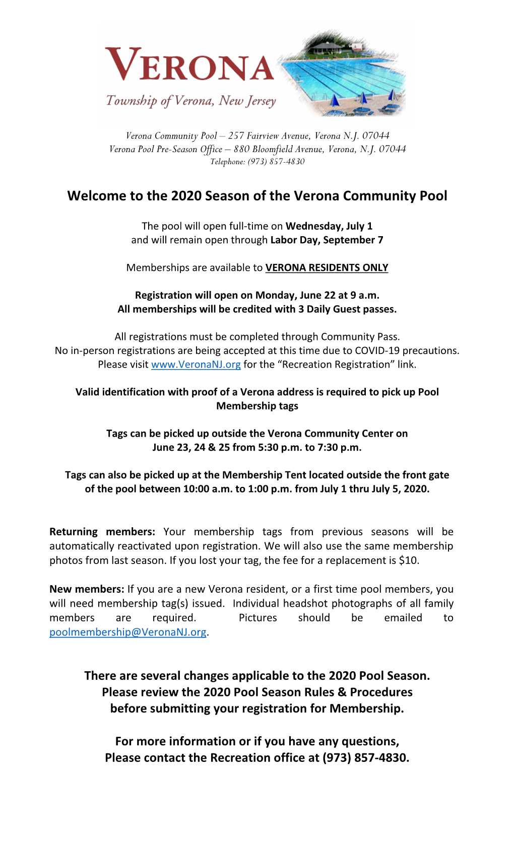 Welcome to the 2020 Season of the Verona Community Pool