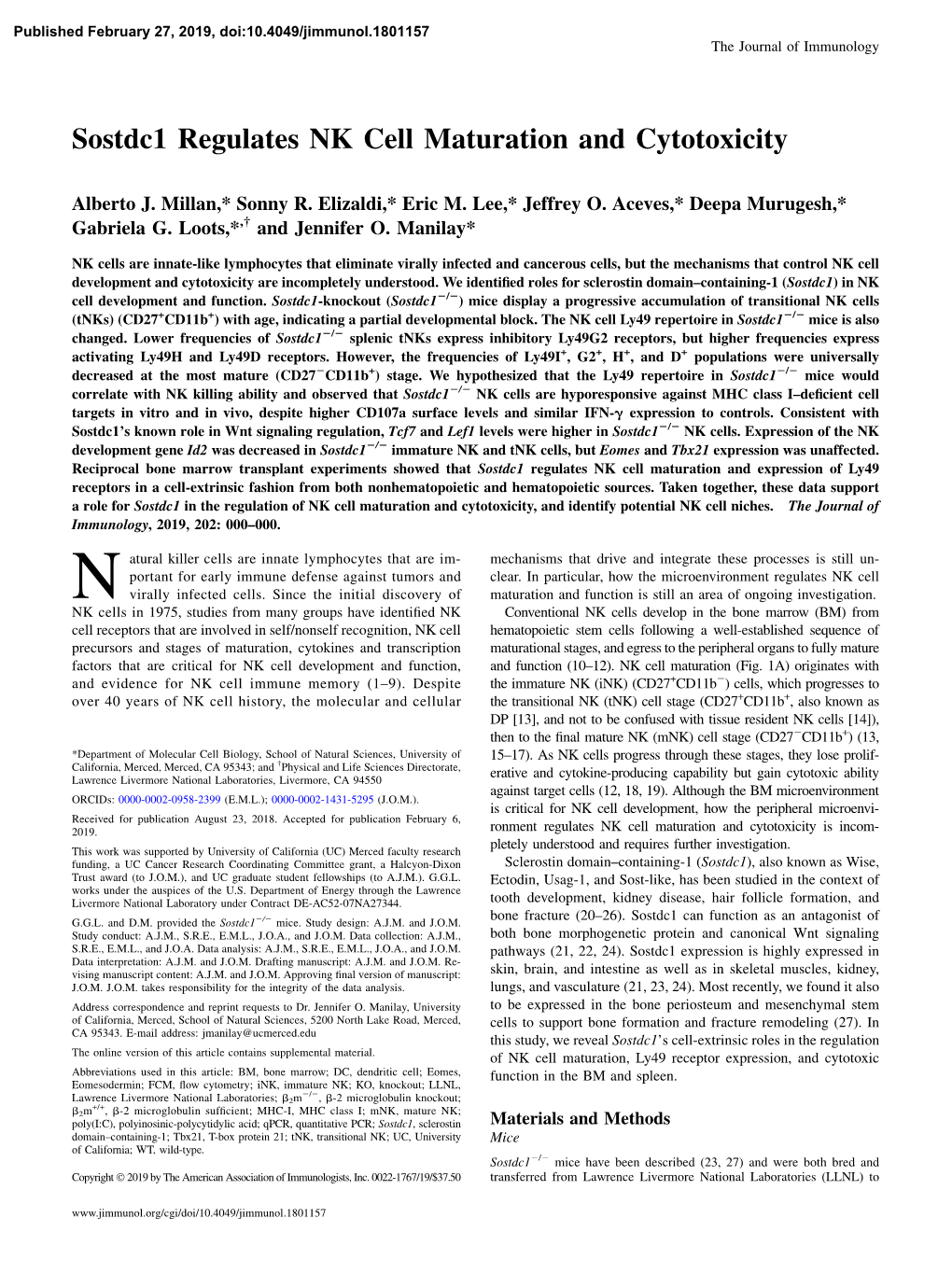 Sostdc1 Regulates NK Cell Maturation and Cytotoxicity