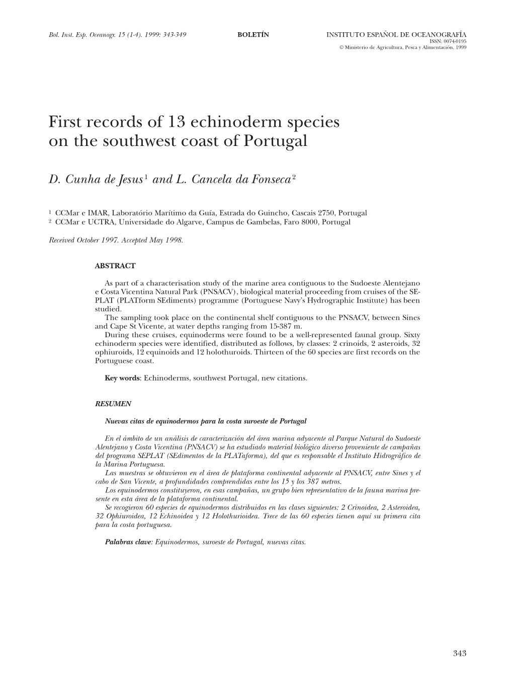 First Records of 13 Echinoderm Species on the Southwest Coast of Portugal