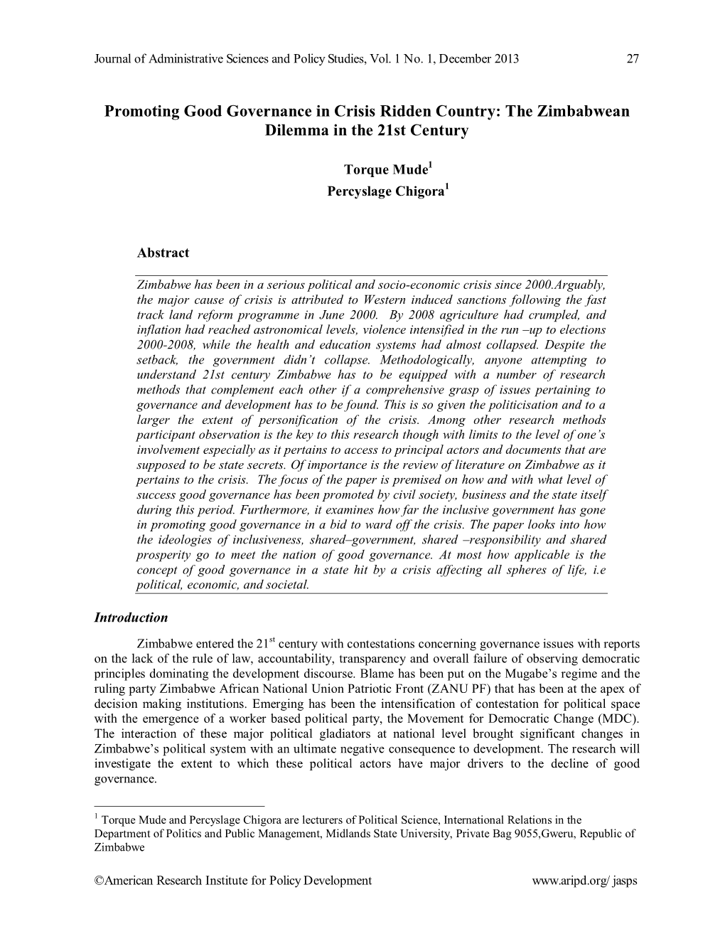 Promoting Good Governance in Crisis Ridden Country: the Zimbabwean Dilemma in the 21St Century