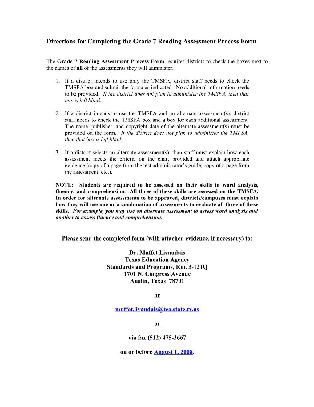 Directions for Completing the Grade 7 Reading Assessment Process Form