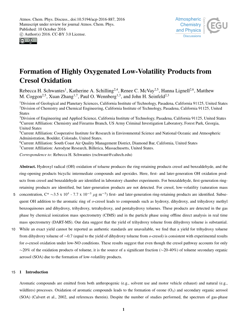 Formation of Highly Oxygenated Low-Volatility Products from Cresol Oxidation Rebecca H