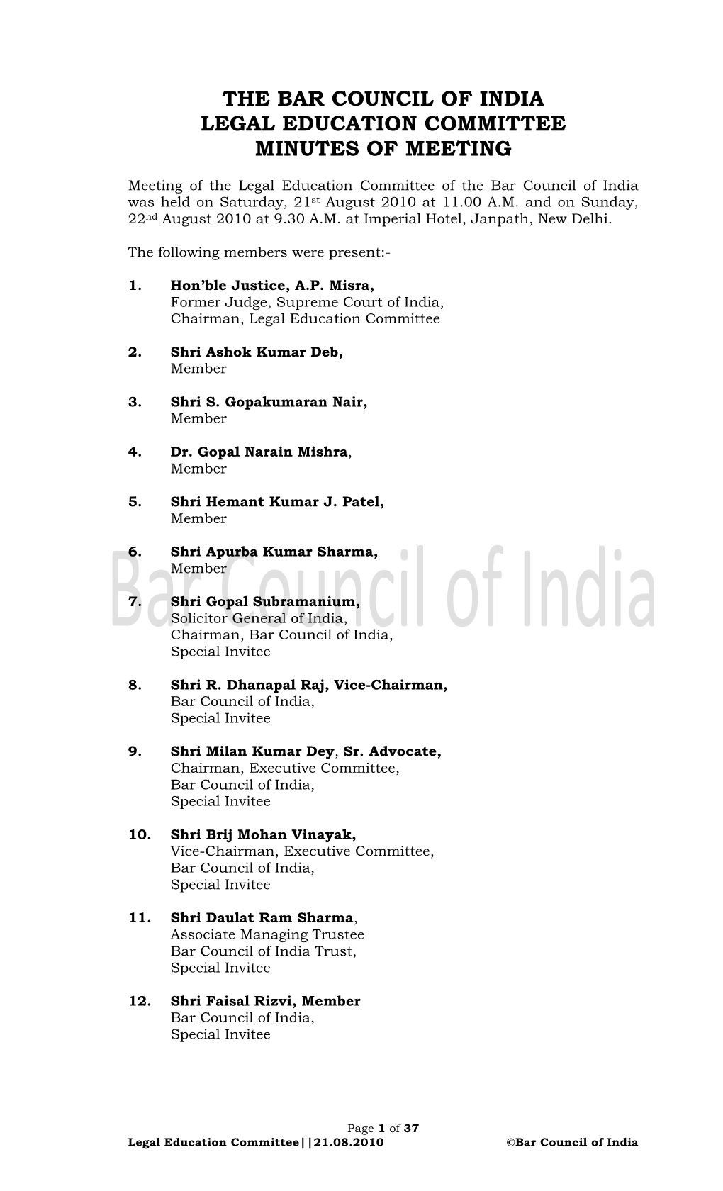 The Bar Council of India Legal Education Committee Minutes of Meeting
