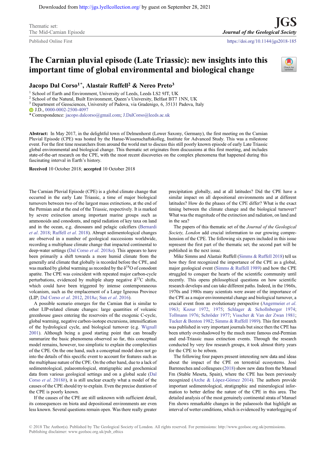 The Carnian Pluvial Episode (Late Triassic): New Insights Into This Important Time of Global Environmental and Biological Change