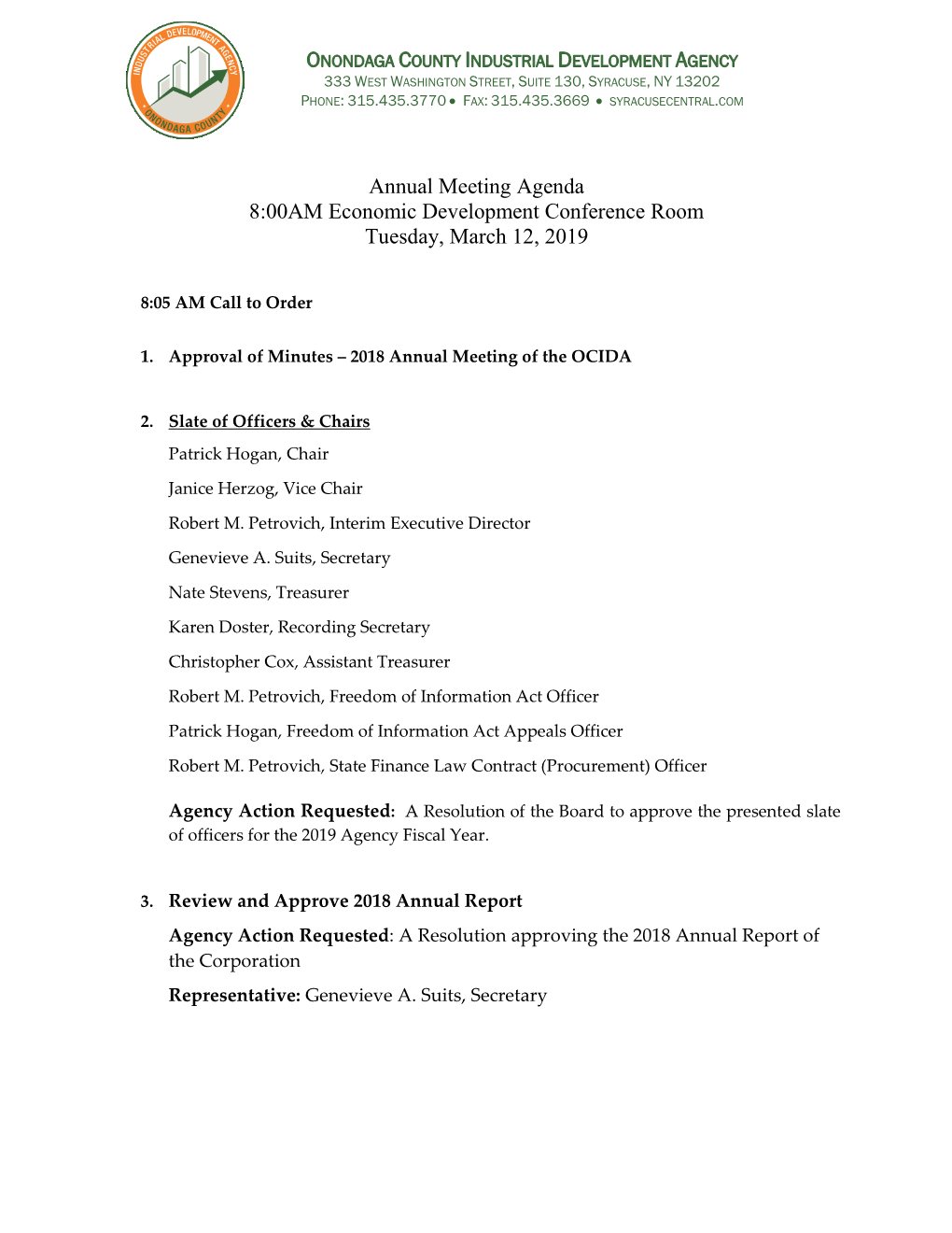 Annual Meeting Agenda 8:00AM Economic Development Conference Room Tuesday, March 12, 2019