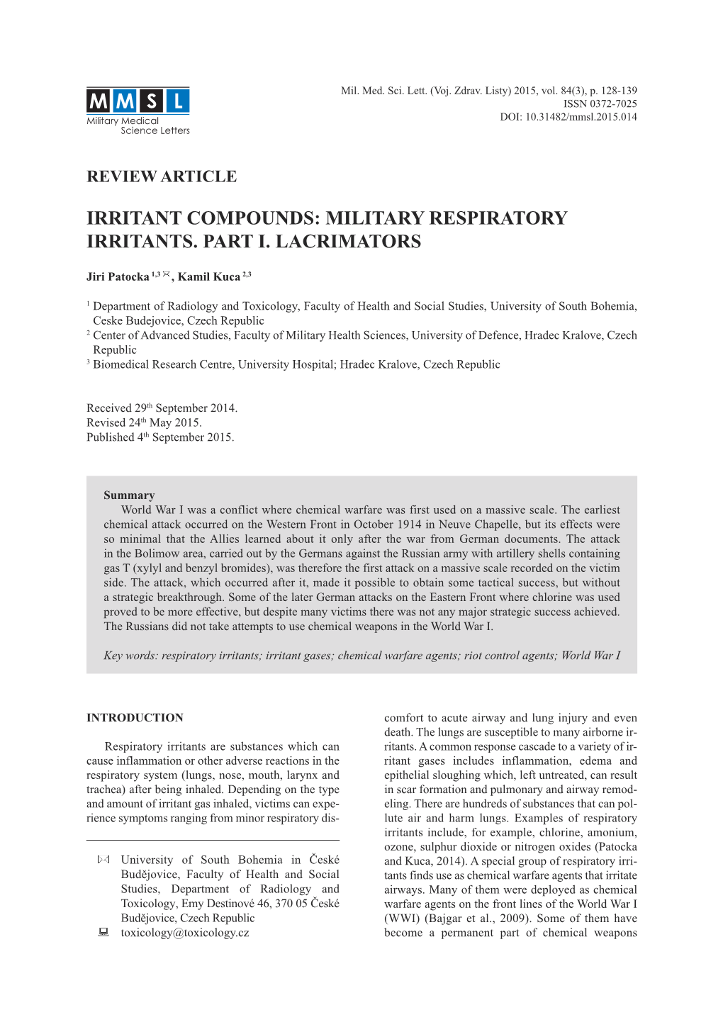 Irritant Compounds: Military Respiratory Irritants. Part I