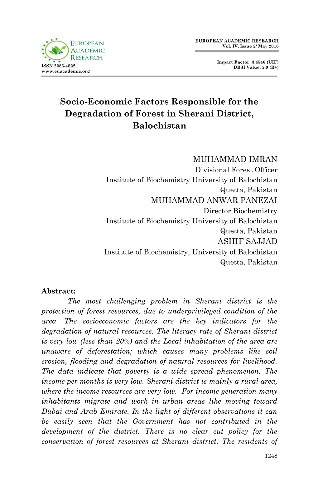 Socio-Economic Factors Responsible for the Degradation of Forest in Sherani District, Balochistan