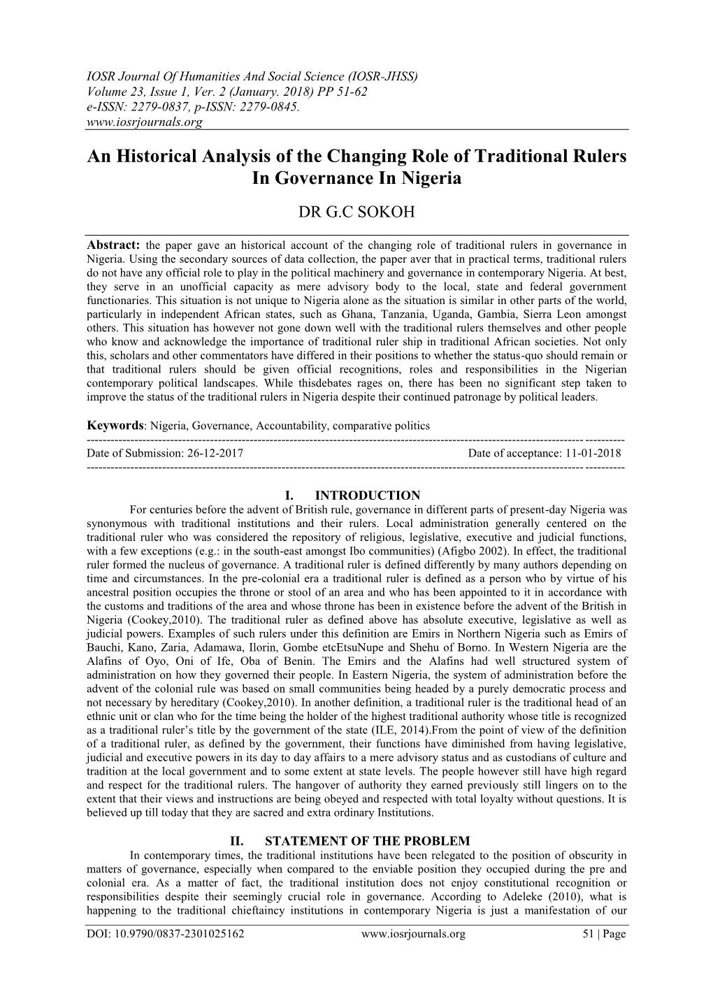 An Historical Analysis of the Changing Role of Traditional Rulers in Governance in Nigeria