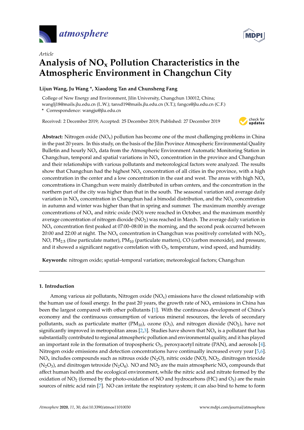 Analysis of Nox Pollution Characteristics in the Atmospheric Environment in Changchun City