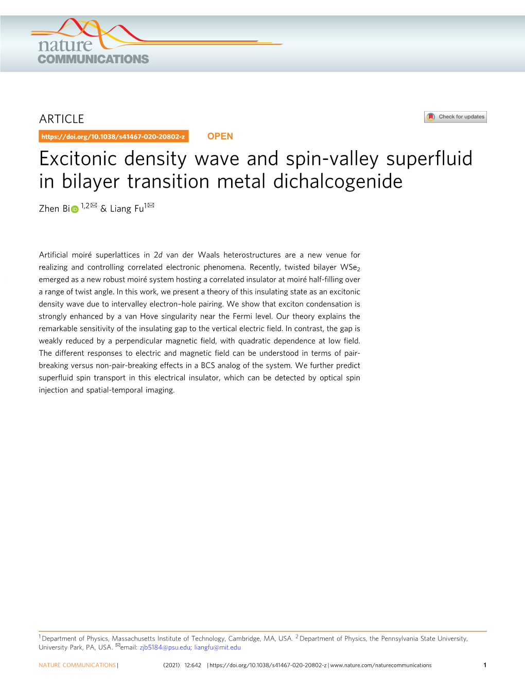 Excitonic Density Wave and Spin-Valley Superfluid in Bilayer