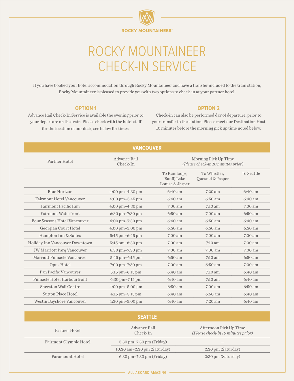 Rocky Mountaineer Check-In Service