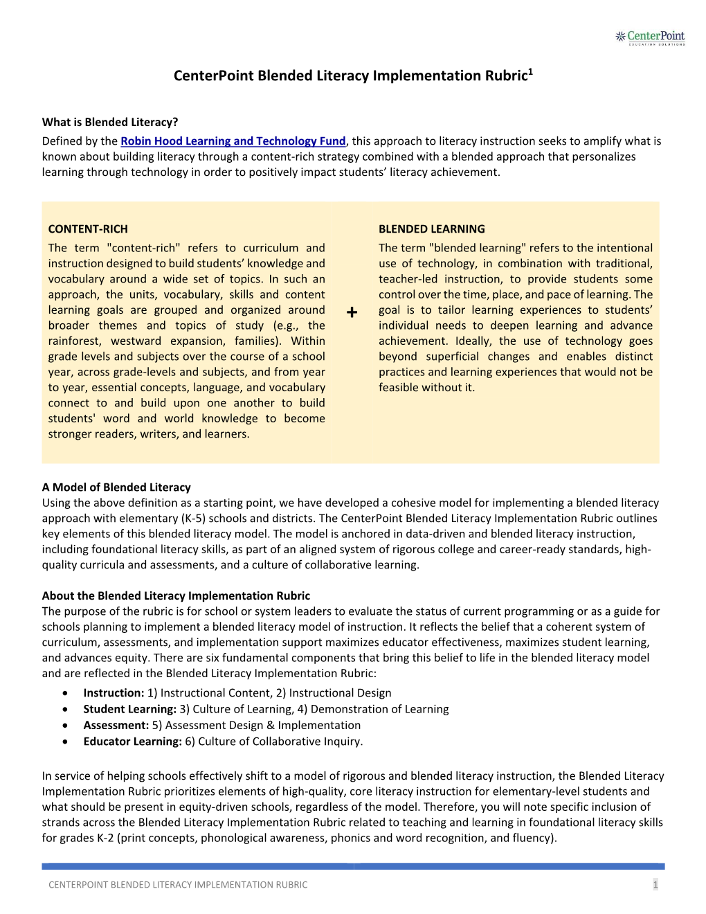 Centerpoint Blended Literacy Implementation Rubric1