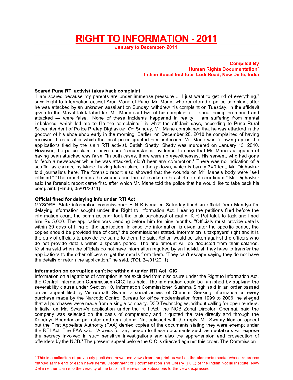 RIGHT to INFORMATION - 2011 January to December- 2011