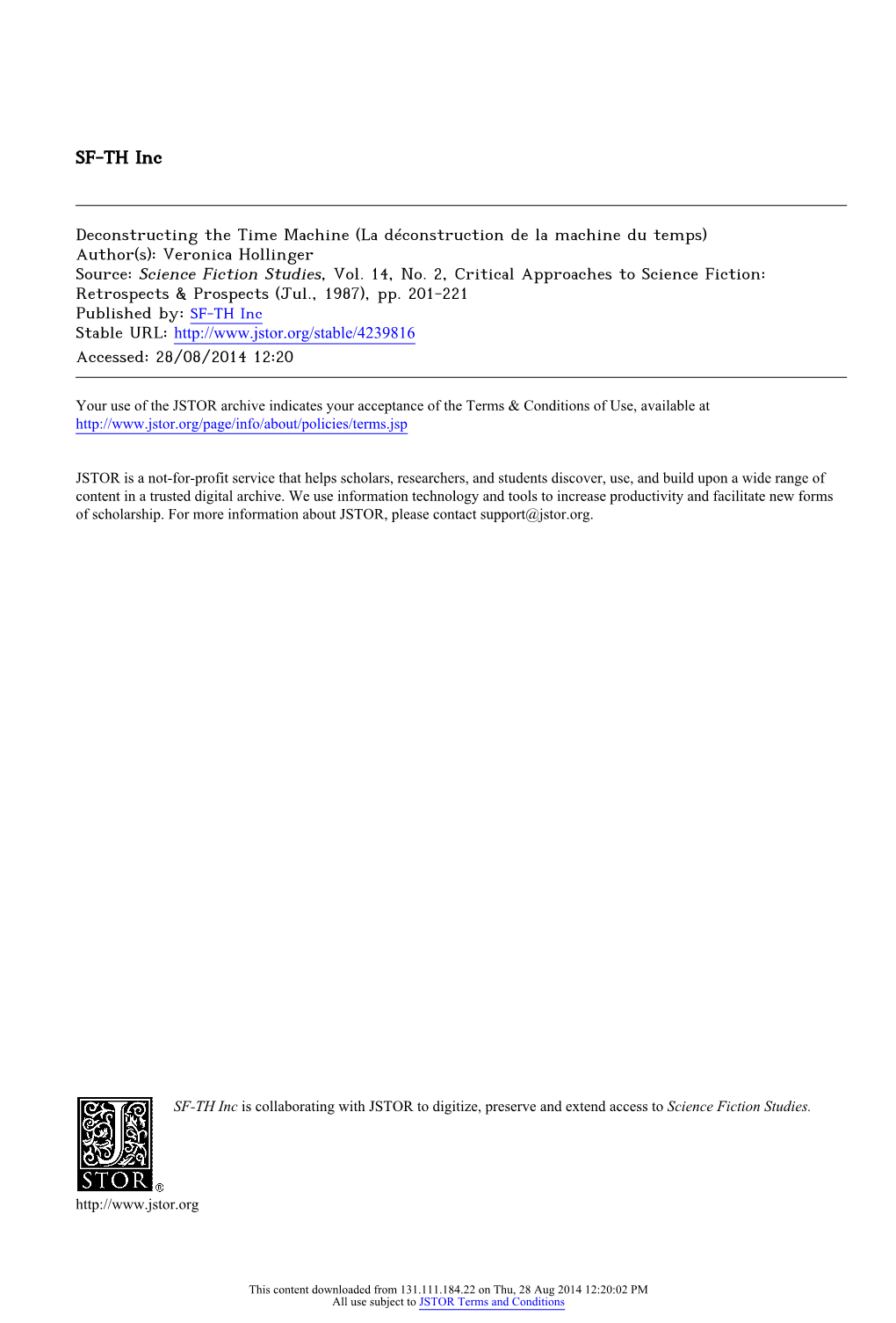 Deconstructing the Time Machine (La Déconstruction De La Machine Du Temps) Author(S): Veronica Hollinger Source: Science Fiction Studies, Vol