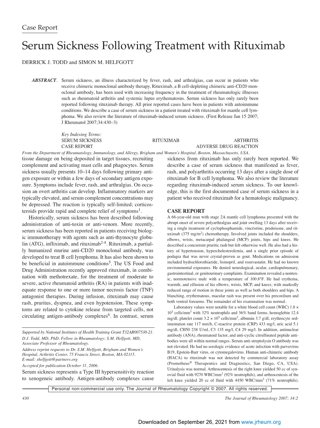 Serum Sickness Following Treatment with Rituximab