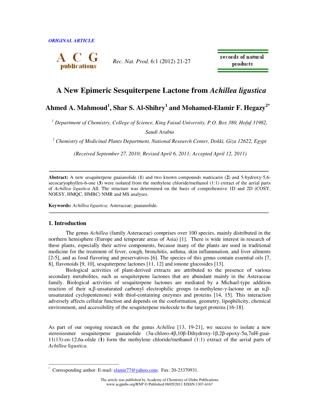 A New Epimeric Sesquiterpene Lactone from Achillea Ligustica