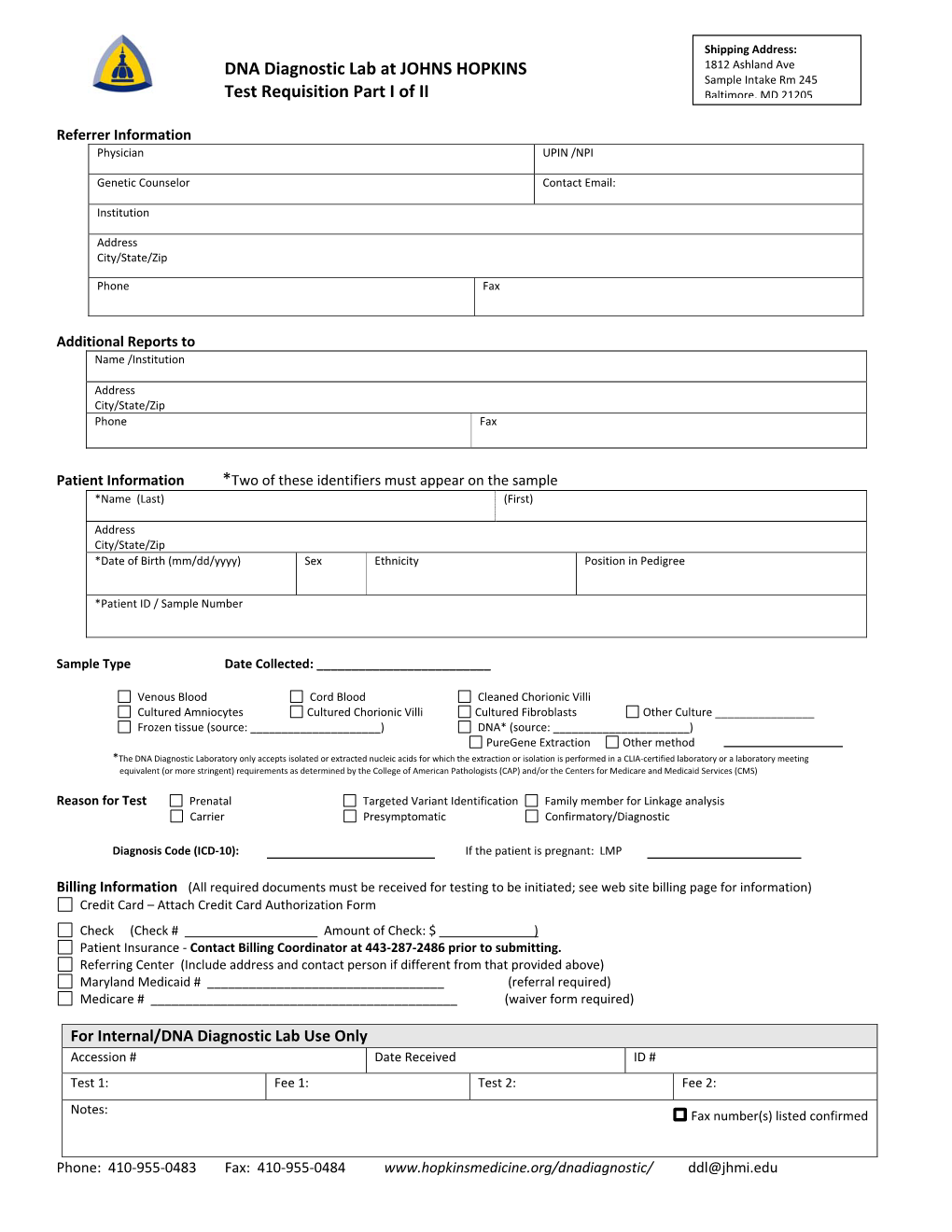 DNA Diagnostic Lab at JOHNS HOPKINS Test Requisition Part I of II