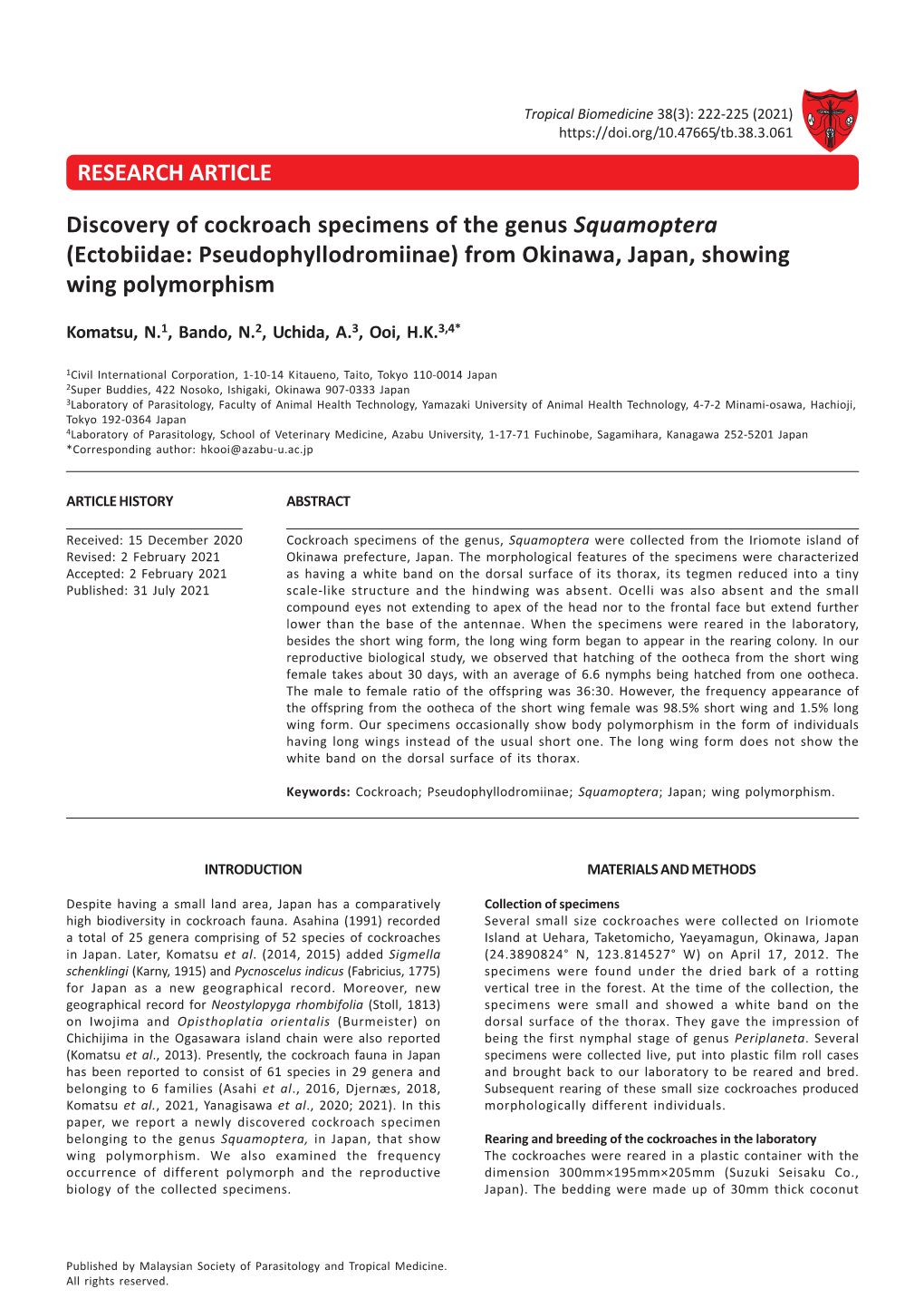 Discovery of Cockroach Specimens of the Genus Squamoptera (Ectobiidae: Pseudophyllodromiinae) from Okinawa, Japan, Showing Wing Polymorphism