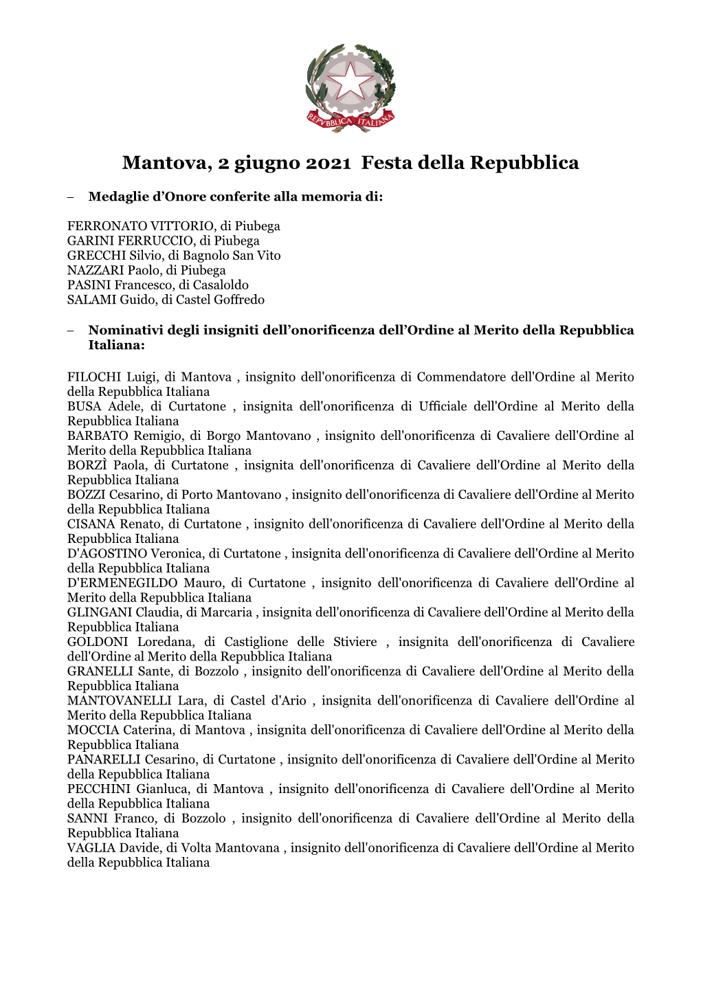 Mantova, 2 Giugno 2021 Festa Della Repubblica