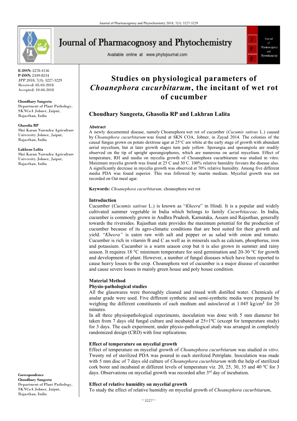 Studies on Physiological Parameters of Choanephora Cucurbitarum, The