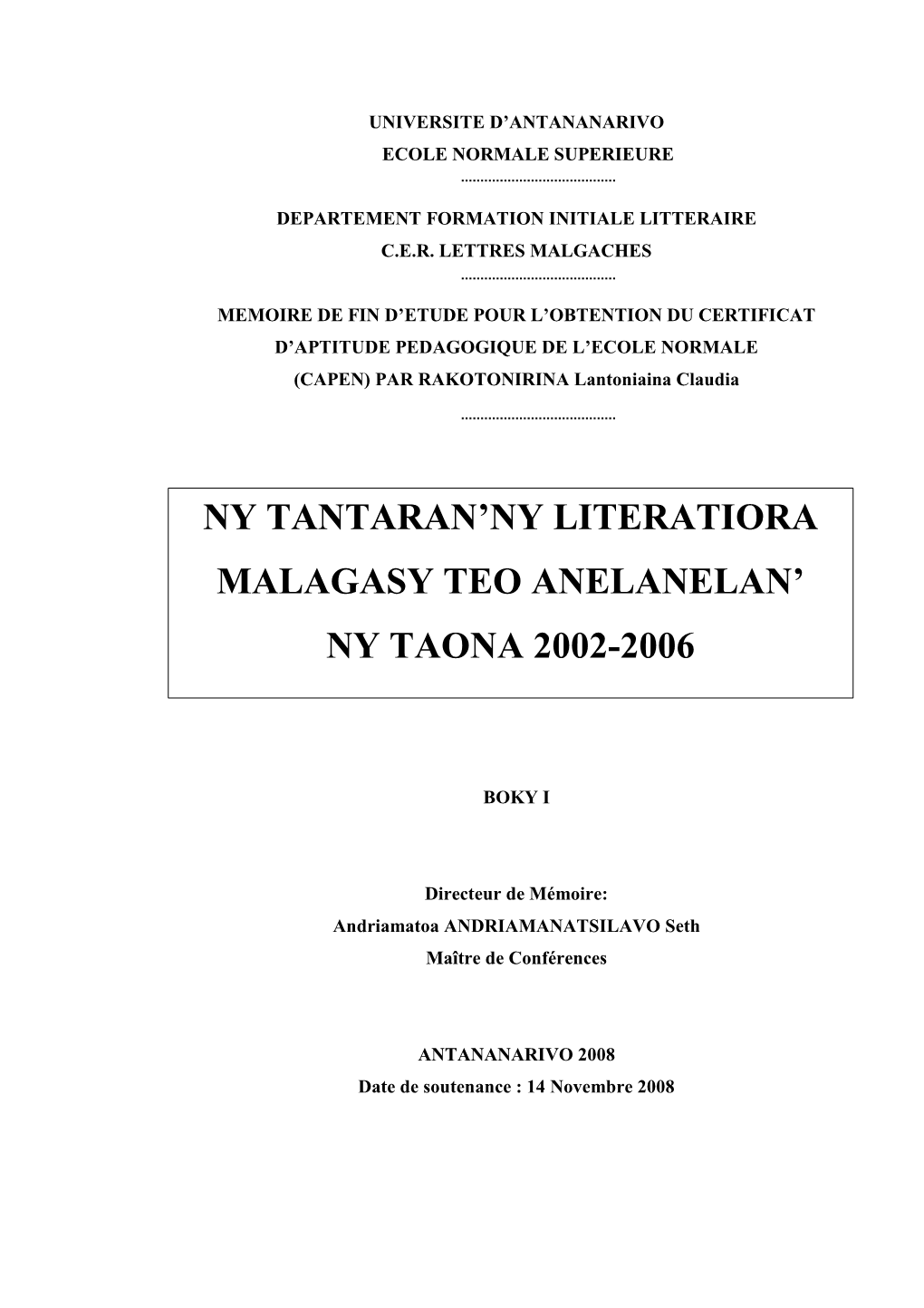 Ny Tantaran'ny Literatiora Malagasy Teo Anelanelan