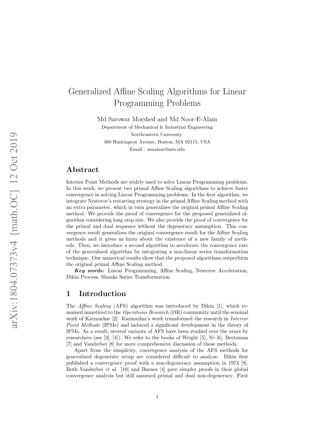Generalized Affine Scaling Algorithms for Linear Programming Problems