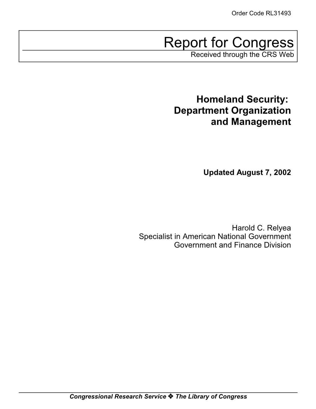 Homeland Security: Department Organization and Management