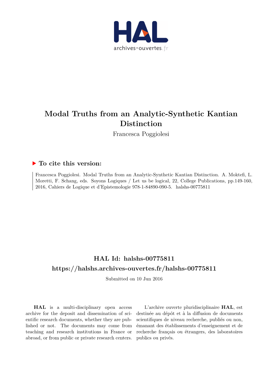 Modal Truths from an Analytic-Synthetic Kantian Distinction Francesca Poggiolesi