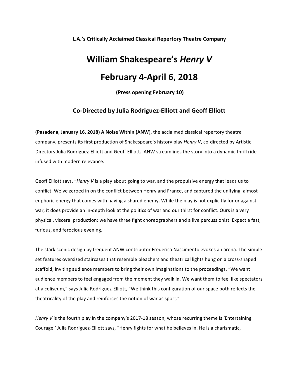 William Shakespeare's Henry V February 4-April 6, 2018