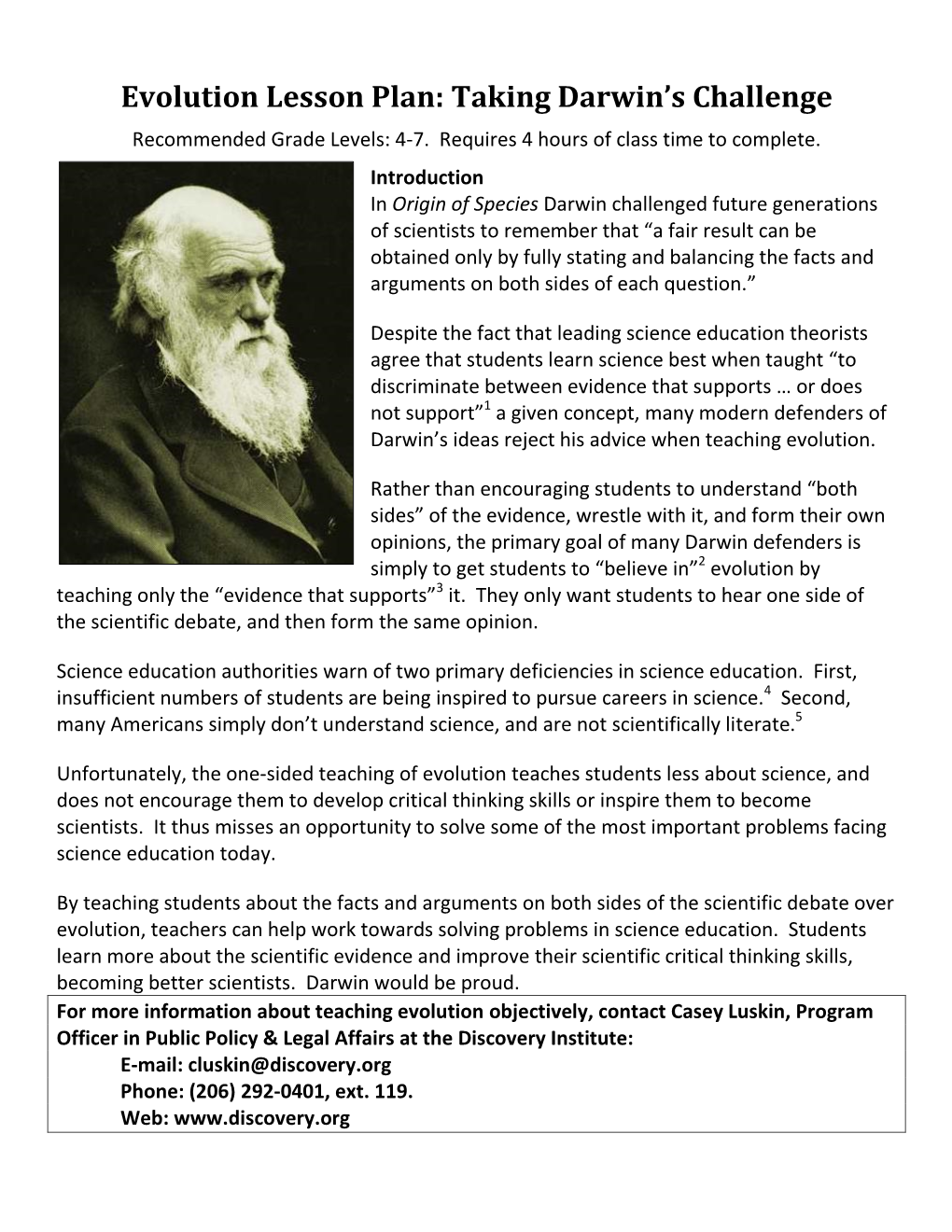 Evolution Lesson Plan: Taking Darwin's Challenge