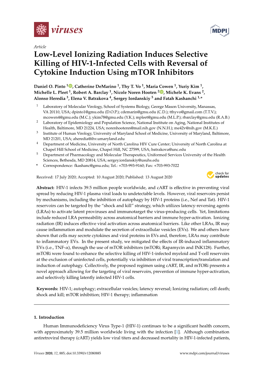 Low-Level Ionizing Radiation Induces Selective Killing of HIV-1-Infected Cells with Reversal of Cytokine Induction Using Mtor Inhibitors