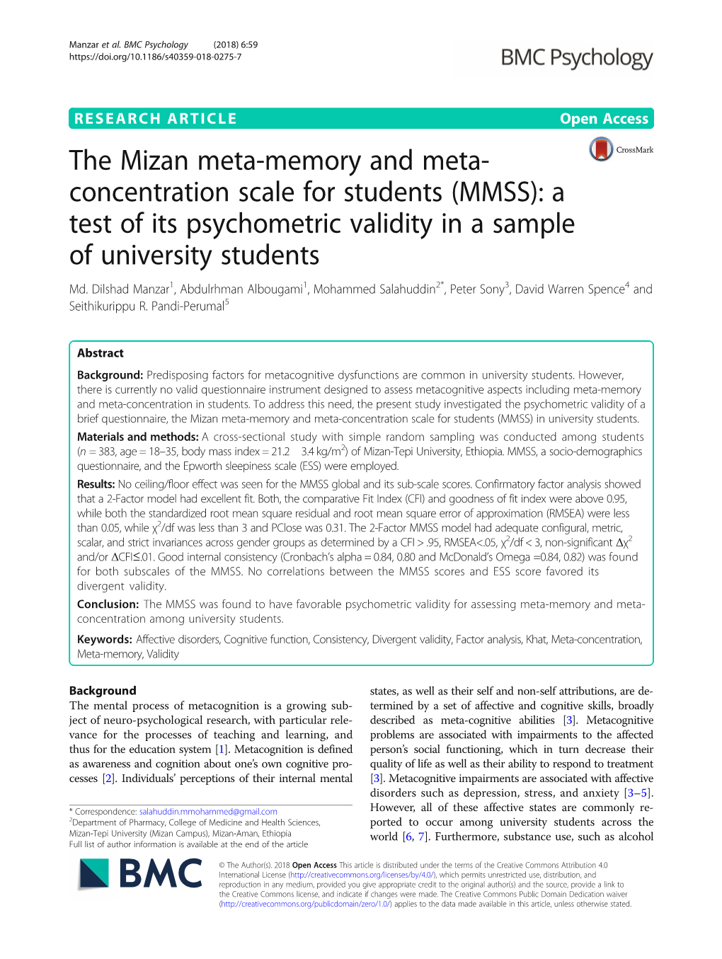 The Mizan Meta-Memory and Meta-Concentration Scale for Students (MMSS) in University Students