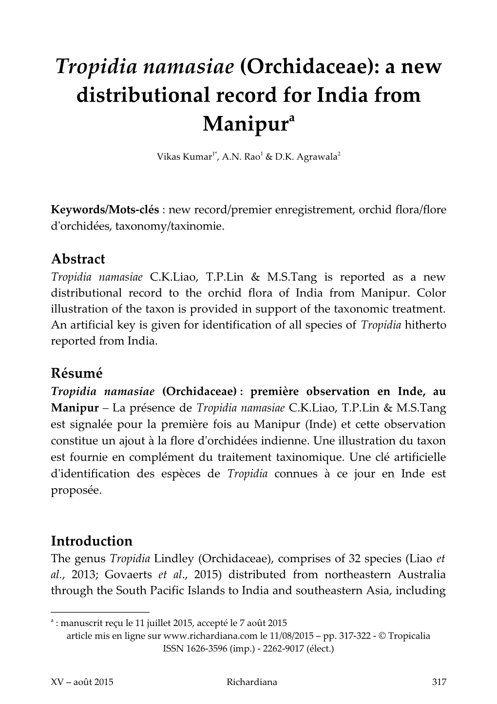 Tropidia Namasiae (Orchidaceae): a New Distributional Record for India from Manipura