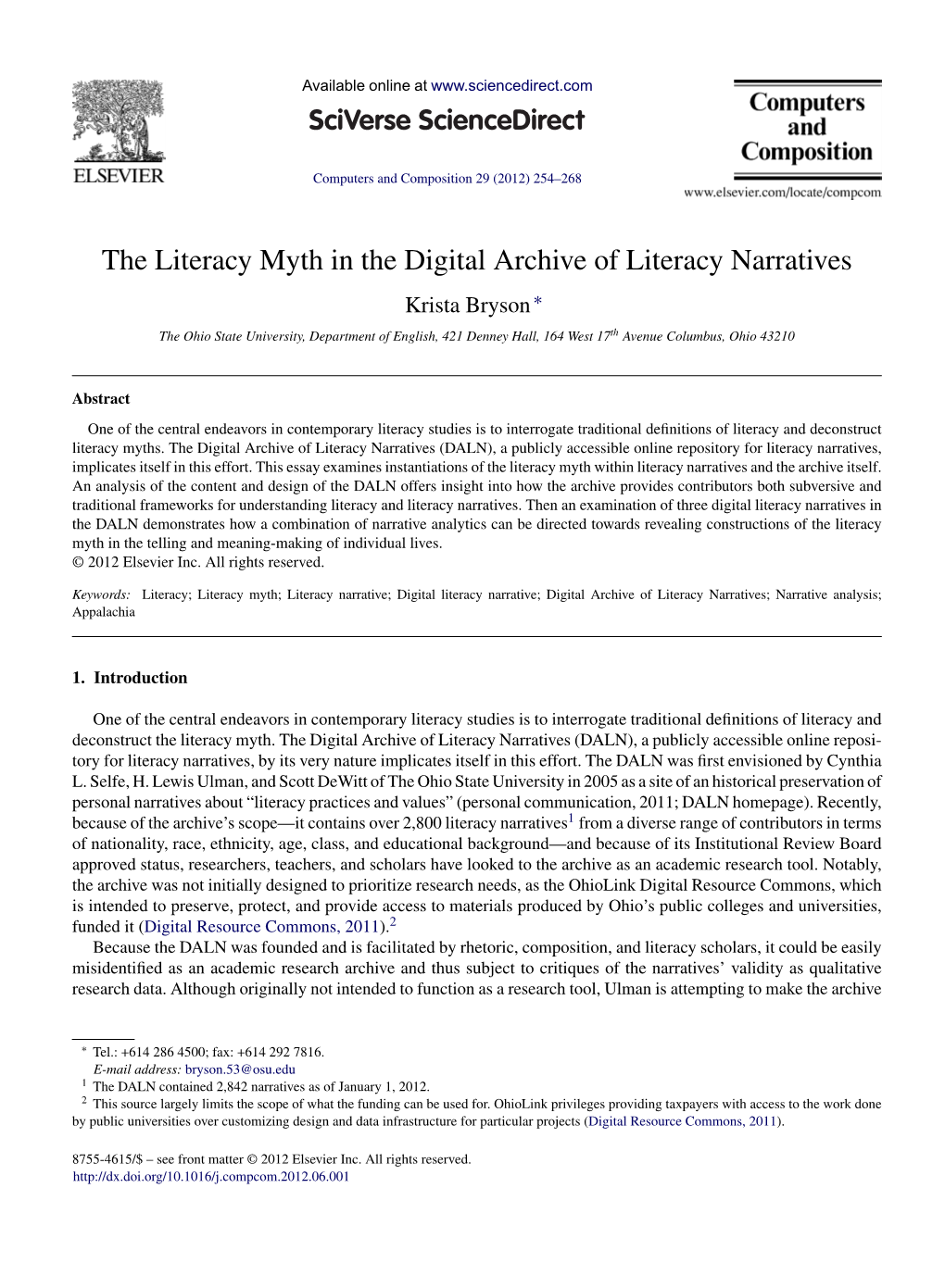 The Literacy Myth in the Digital Archive of Literacy Narratives ∗