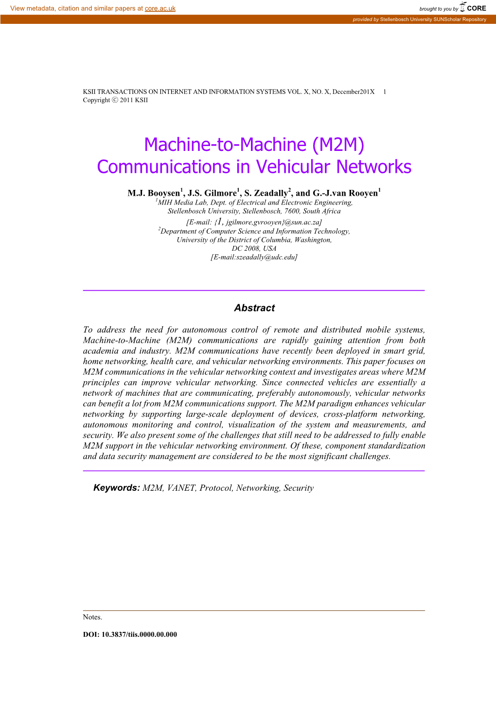 Machine-To-Machine (M2M) Communications in Vehicular Networks