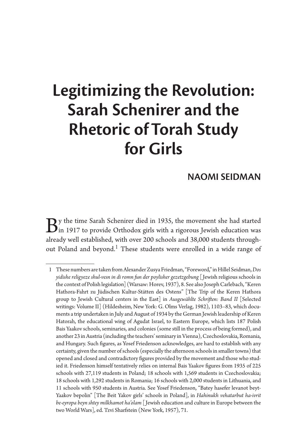 Sarah Schenirer and the Rhetoric of Torah Study for Girls